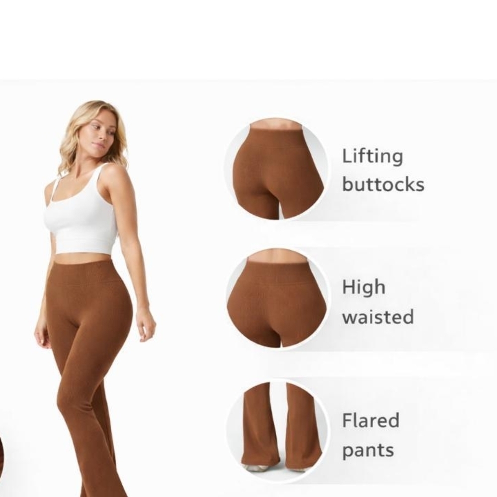 OQQ Ribbed Flare Leggings Bundle (2 Pair) Pink & Brown Elegant Brown Flare Pants